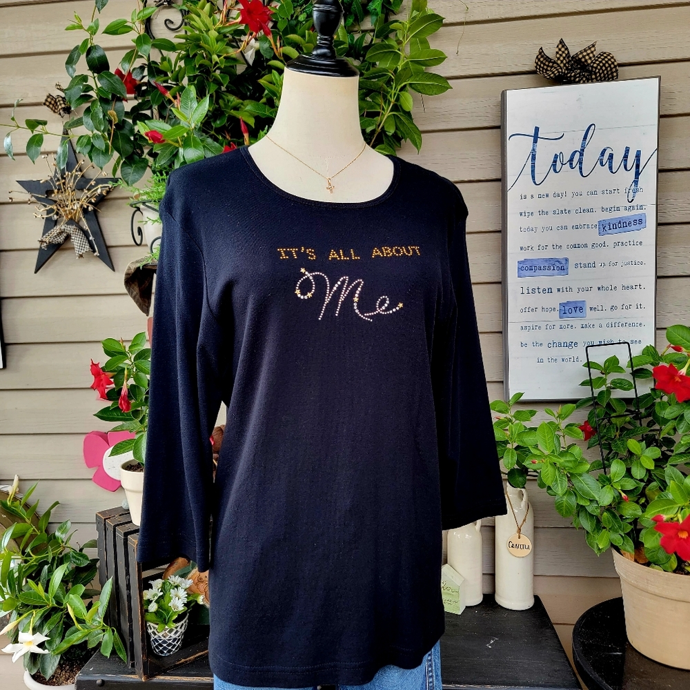 CACTUS BAY ♡ Black w/Silver 'n Gold Embellished Bling "IT'S ALL ABOUT Me" Top L
